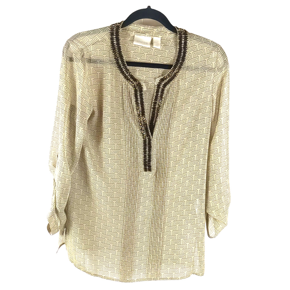 Chico's Women's Tunic Shirt Size 0 Small Tan Brown Beaded Long Sleeve Sheer